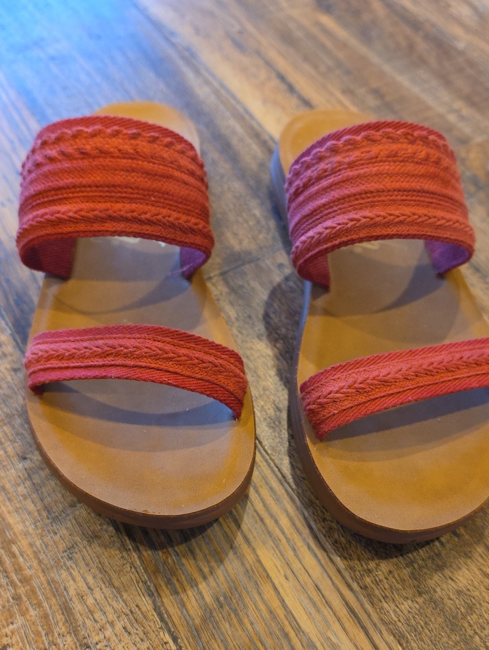 Blowfish Malibu, Red Double-Strap Slide Sandals with Braided Fabric Straps, Sz 8